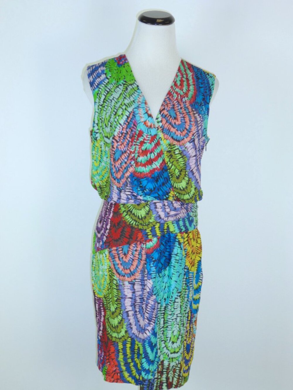 Ali Ro art to wear silk colorful print sleeveless faux wrap top dress 4